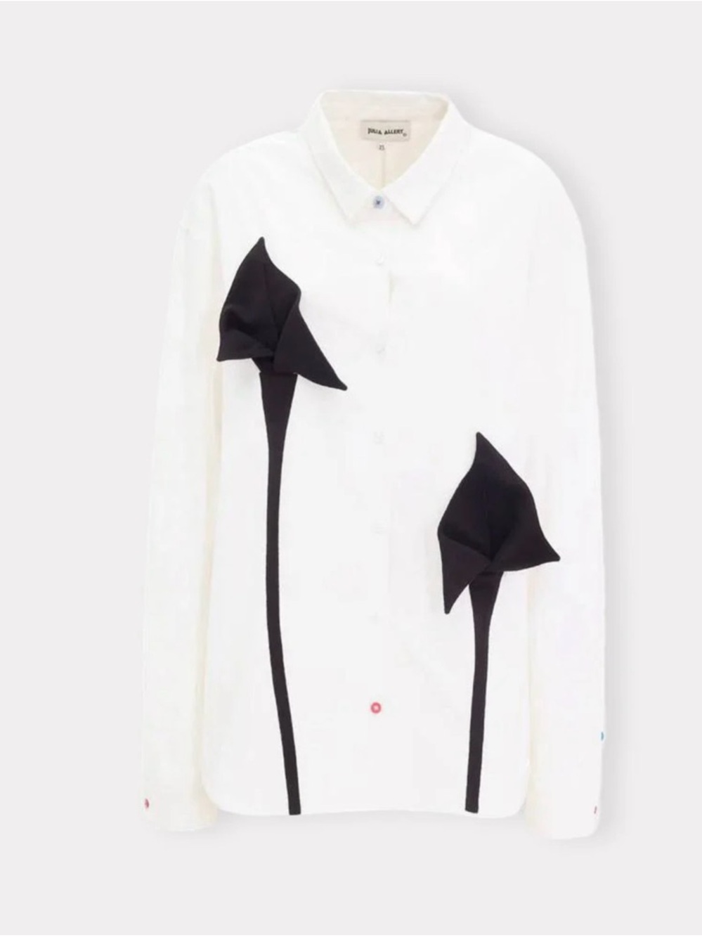 White Button-Down Shirt with Black Floral Appliqué